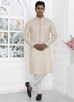 Linen Cotton Beige Traditional Wear Thread Work Kurta Pajama